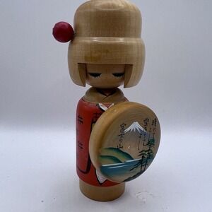 Japanese Kokeshi Doll Wood MCM Art Deco Hand Painted 6"